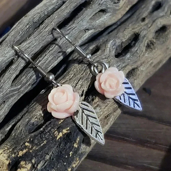 Handcrafted Antique Silver Leaf Light Pink Lucite Rose Dangle Earrings - Picture 2 of 8